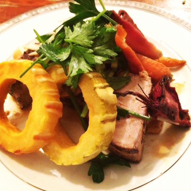 Forklift Catering - Boston Weddings - Heritage Pork Tenderloin with Cider Mustard Demi Glace, Root Vegetable Ragu, Delicata Squash Rings and Herb Salad